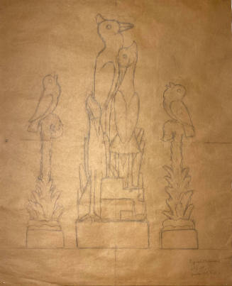 Untitled (Sketch of five birds on three sculpture bases)
