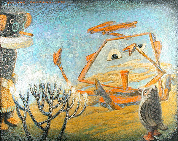 Gustave Baumann, The New Comer, 1958, oil on board in artist-made frame, framed: 24 11/16 × 30 …