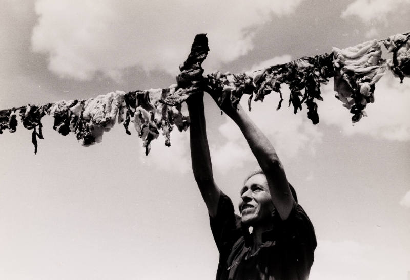 Spanish-American woman hanging up meat to dry.  Chamisal, New Mexico
