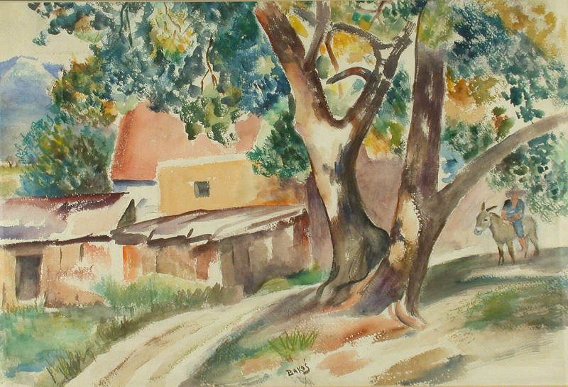 Jozef G. Bakos, Santa Fe Scene with Man on Burro, circa 1940, watercolor, 9 1/2 x 12 in. Collec…
