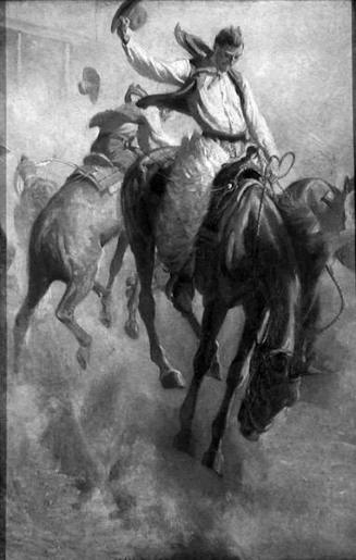 W. Herbert Dunton, SIllustration for The Fair in the Cow Country, 1914, oil on canvas, 29 5/16 …
