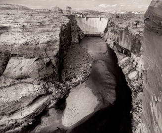 Glen Canyon Dam, Arizona, view from downstream toward the dam, with canoeist and sandbar (from the Remnants of the First World series)
