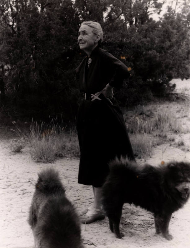 Untitled (O'Keeffe outdoors with two chows), New Mexico