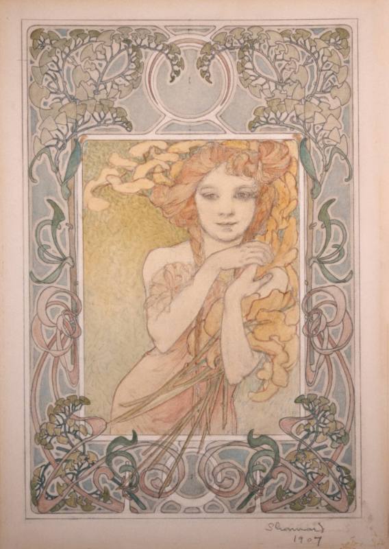 Eugenie Shonnard, Untitled (student drawing after Alphonse Mucha), 1907, pencil and watercolor,…