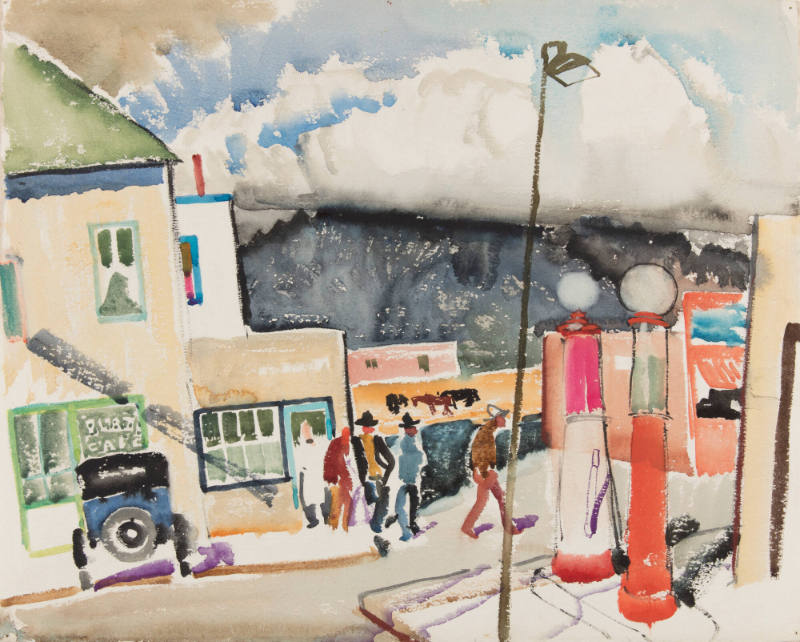 Untitled (Two Gas Pumps and Houses)