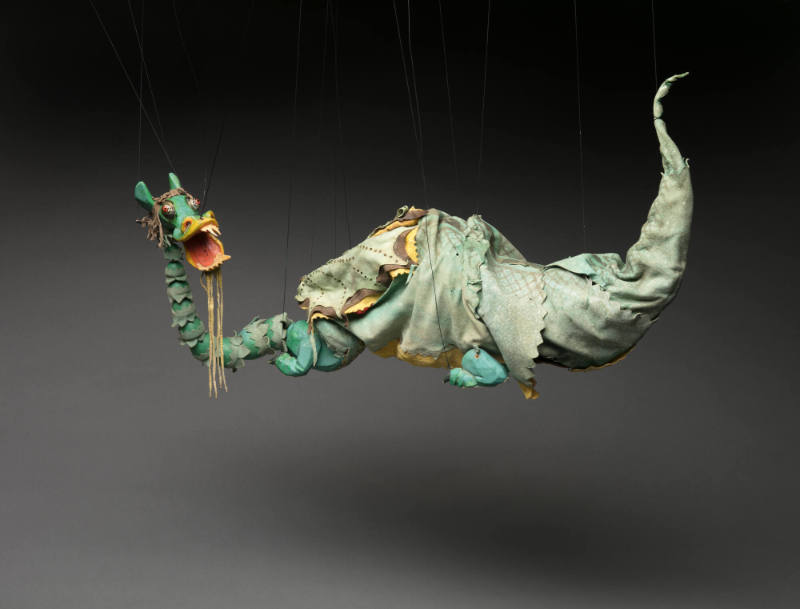 Gustave Baumann, Green Dragon, circa 1940, suede, leather, painted wood, red silk, cordage, met…