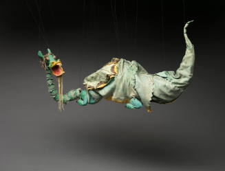Gustave Baumann, Green Dragon, circa 1940, suede, leather, painted wood, red silk, cordage, met…