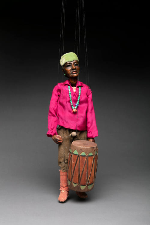 Gustave Baumann, Indian Drummer, 1930-1933, carved wood, paint, suede, fabric, and glass beads.…