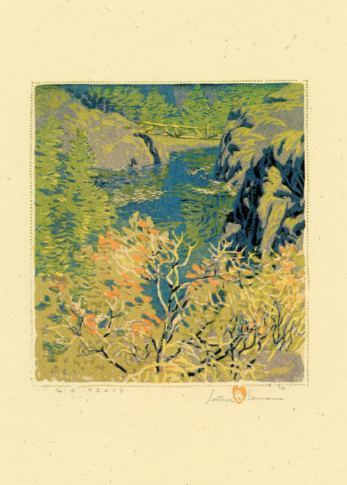 Gustave Baumann, Rio Pecos, 1920, color woodcut, 10 1/2 × 9 1/2 in. Collection of the New Mexic…