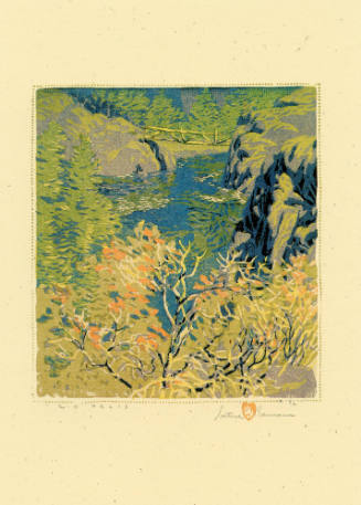 Gustave Baumann, Rio Pecos, 1920, color woodcut, 10 1/2 × 9 1/2 in. Collection of the New Mexic…