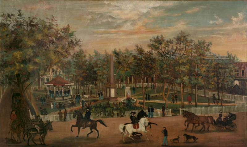 Francis X. Grosshenney, Santa Fe Plaza in the 1880s, circa 1880, oil on canvas, 36 1/4 × 60 1/2…