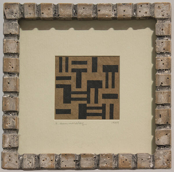 Frederick Hammersley, Act One/brown, 1949, lithograph, 3 x 3 in. Collection of the New Mexico M…