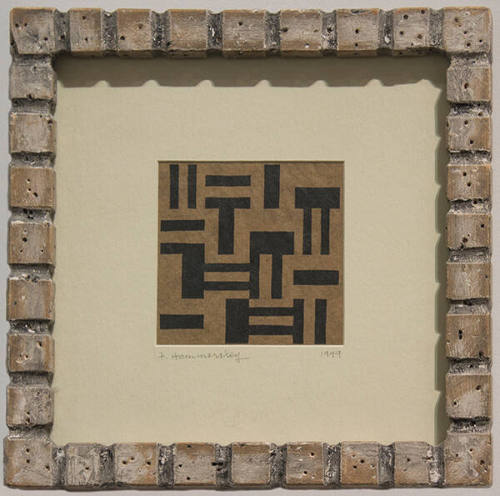 Frederick Hammersley, Act One/brown, 1949, lithograph, 3 x 3 in. Collection of the New Mexico M…