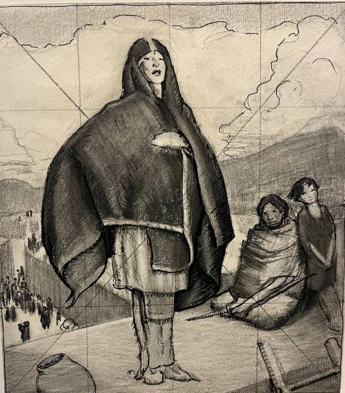 Female Pueblo Indian on Rooftop