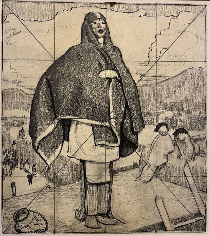 Female Pueblo Indian on Rooftop