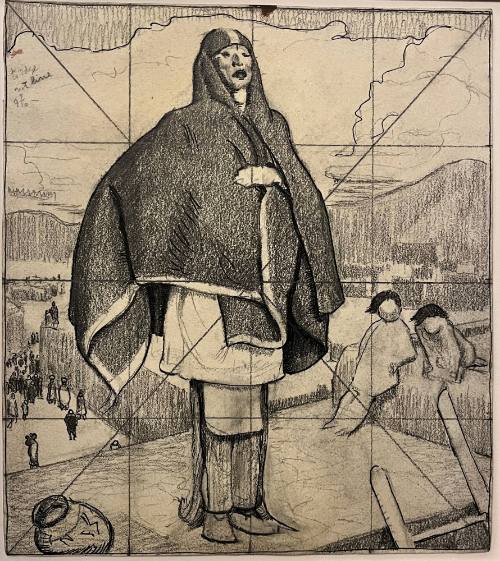 Female Pueblo Indian on Rooftop