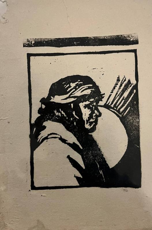Proof of a woodblock print for Laughing Horse Press