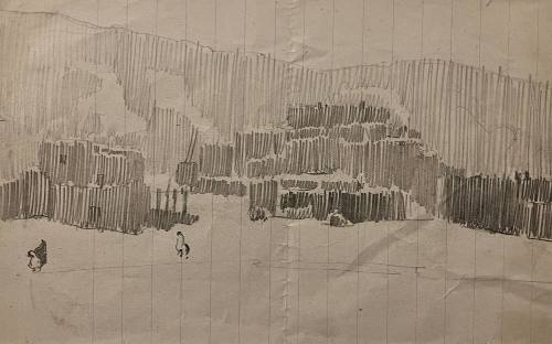 Pueblo and Figures in Snow