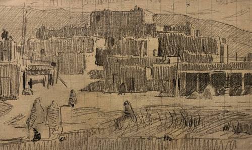 Taos Pueblo with Blanketed Figures