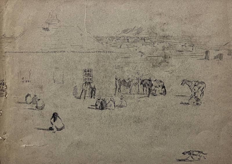 Seated Indians, Horses and Dog