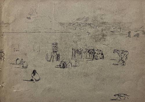 Seated Indians, Horses and Dog