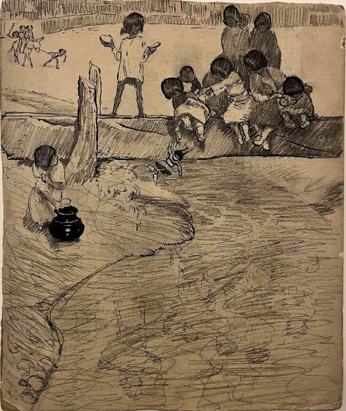 Pueblo Children on Foot Log