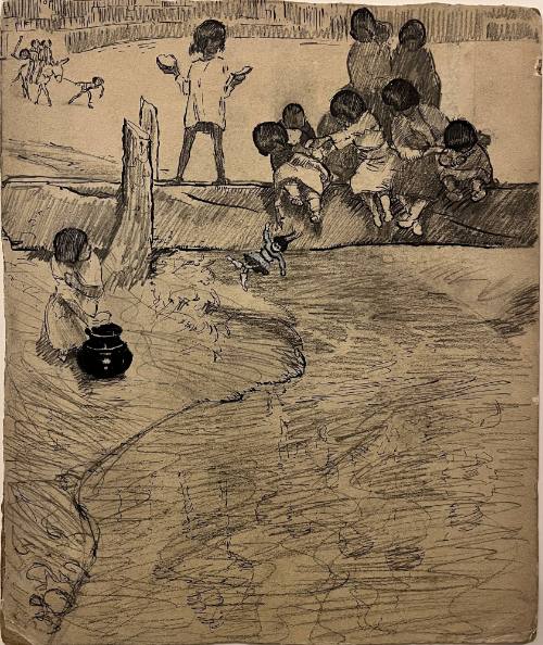 Pueblo Children on Foot Log