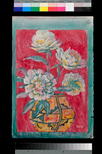 Manville Chapman, Peonies & Indian Pot, 1938, block print and gouache on paper,
18 1/2 x 12 1/…