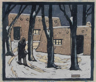 Manville Chapman, Winter, 1938, block print and gouache on paper, 11 13/16 × 13 13/16 in. On lo…