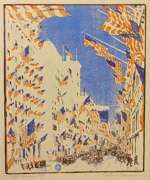 Gustave Baumann, Fifth Avenue, 1918, color woodcut, 13 1/4 × 11 in. Collectionof the New Mexico…