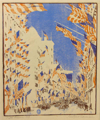 Gustave Baumann, Fifth Avenue, 1918, color woodcut, 13 1/4 × 11 in. Collectionof the New Mexico…