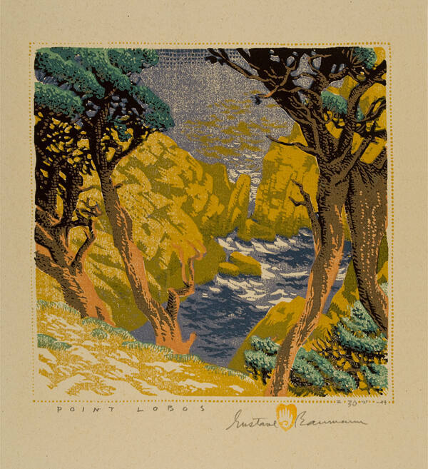 Gustave Baumann, Point Lobos, 1936 (printed 1949), color woodcut, 8 x 8 in. Collection of the N…