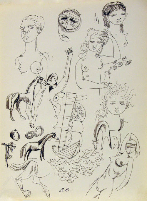 Untitled (Sketches of women, boat, and horses)
