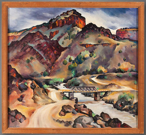 Gene Kloss, The Old Taos Junction Bridge, circa 1941, oil on canvas, 24 x 25 1/2 in. On long te…