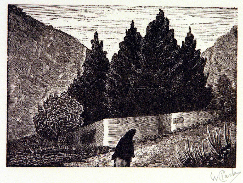 Untitled (Woman walking by houses)