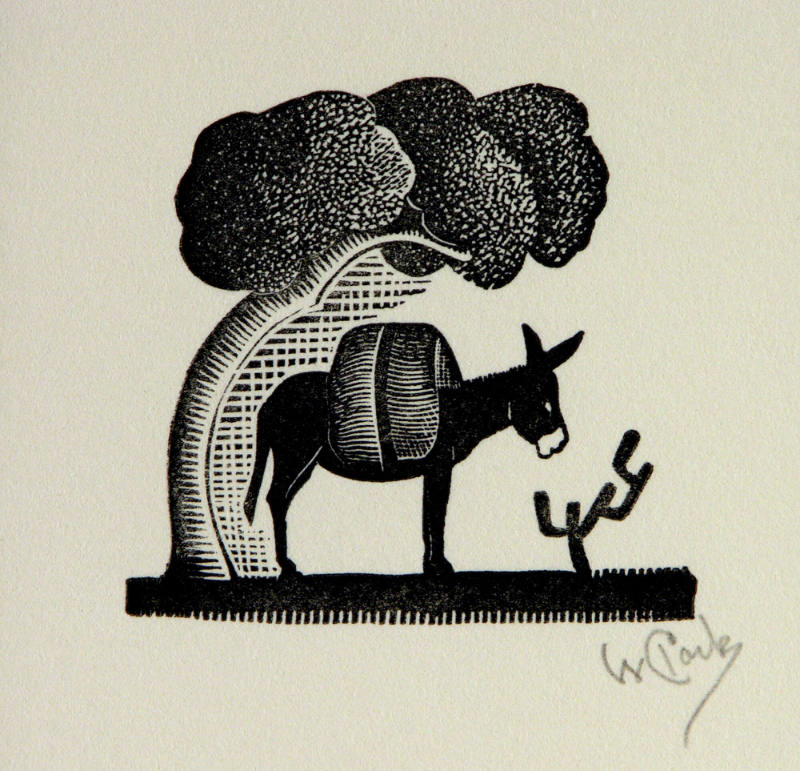Willard F. Clark, Untitled (Burro under a tree), woodcut, mid - late 20th century, 2 x 2 in. Co…