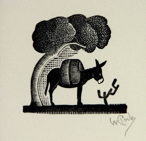 Willard F. Clark, Untitled (Burro under a tree), woodcut, mid - late 20th century, 2 x 2 in. Co…