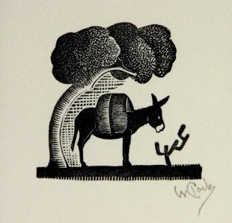 Willard F. Clark, Untitled (Burro under a tree), woodcut, mid - late 20th century, 2 x 2 in. Co…