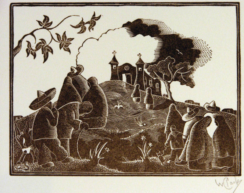 Untitled (People going to a twin towered church on a hill)