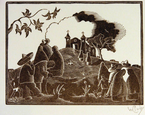 Untitled (People going to a twin towered church on a hill)