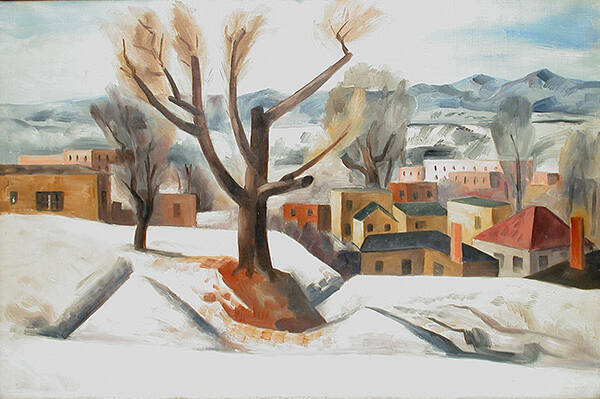 B. J. O. Nordfeldt, Santa Fe, circa 1926, oil on canvas, 23 x 36 in. Collection of the New Mexi…
