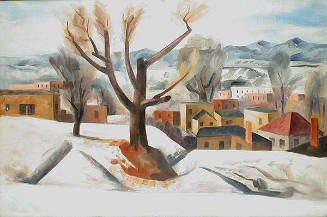 B. J. O. Nordfeldt, Santa Fe, circa 1926, oil on canvas, 23 x 36 in. Collection of the New Mexi…