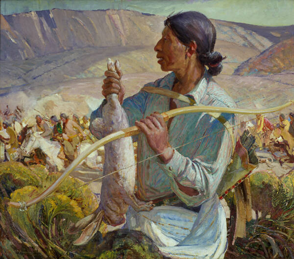 Oscar E. Berninghaus, The Rabbit Hunter, ca. 1945, oil on canvas, 34 ½ x 39 ½ in. Collection of…