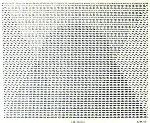 Frederick Hammersley, ROTISSERIE, 1969, computer‐generated drawing on paper
11 x 14 3/4 inches…