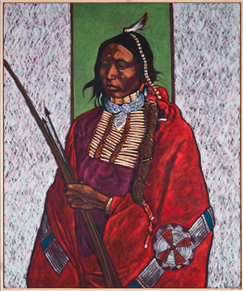 T. C. Cannon, Kiowa Apache Youth, 1976, oil on canvas, 45 x 28 in. Collection of the New Mexico…