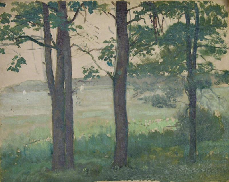 Four Trees with Boats on Lake