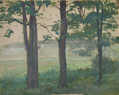 Four Trees with Boats on Lake