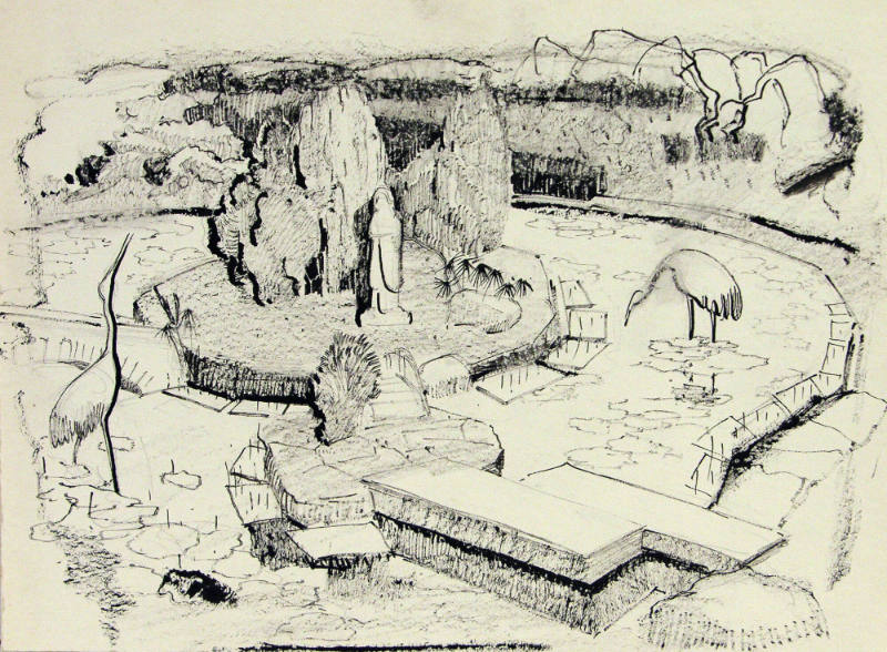 Untitled (garden scene with two birds)