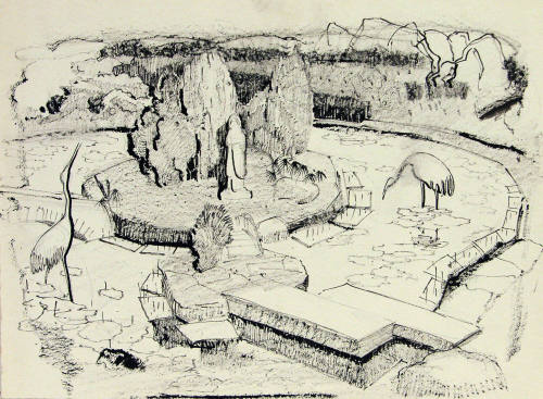 Untitled (garden scene with two birds)