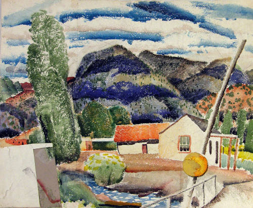 Untitled (Houses and Mountains with Some Paper Collage)